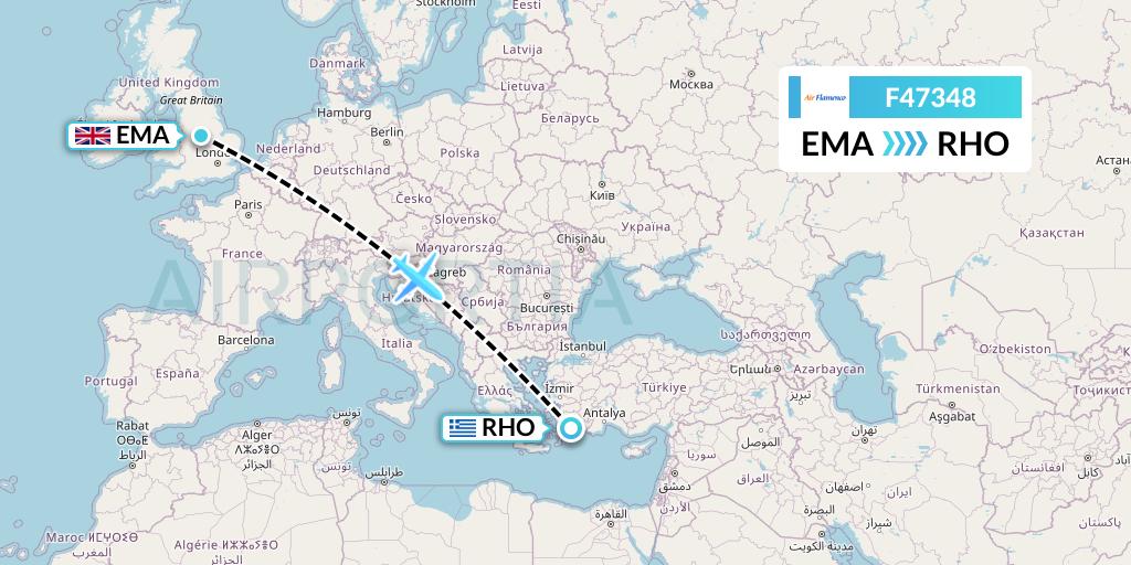F47348 Air Flamenco Flight Map: East Midlands to Rhodes