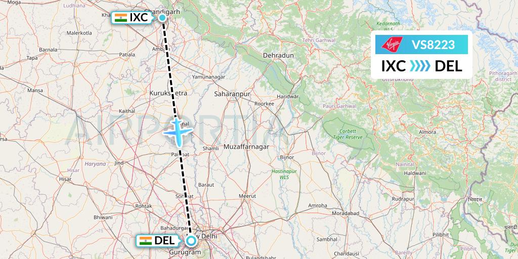 VS8223 Virgin Atlantic Airways Flight Map: Chandigarh to Delhi