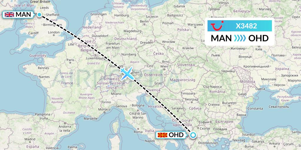 X3482 TUI fly Germany Flight Map: Manchester to Ohrid