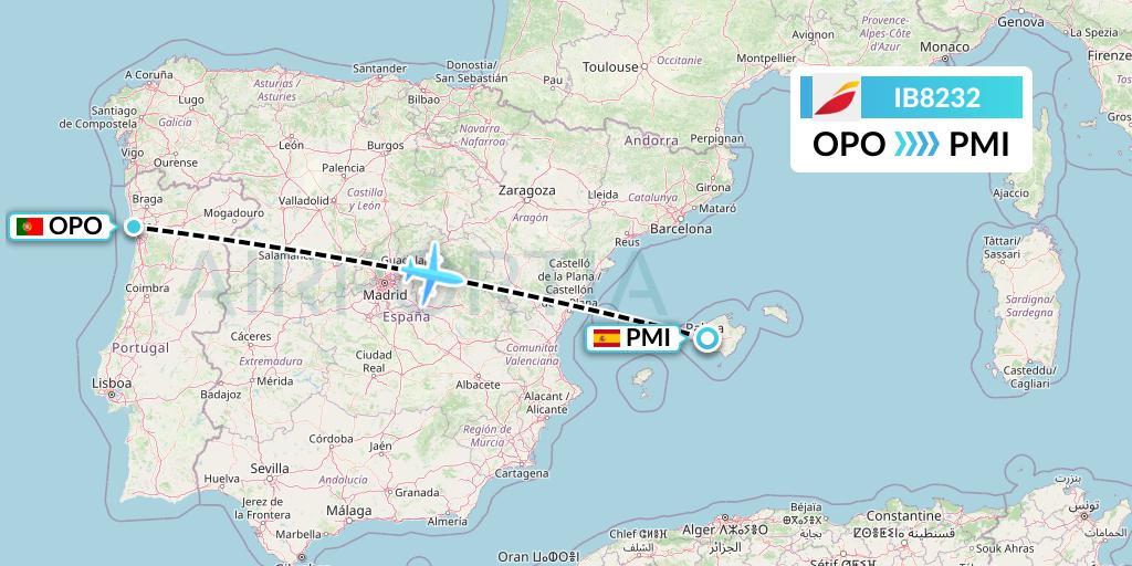 IB8232 Iberia Flight Map: Porto to Palma de Mallorca