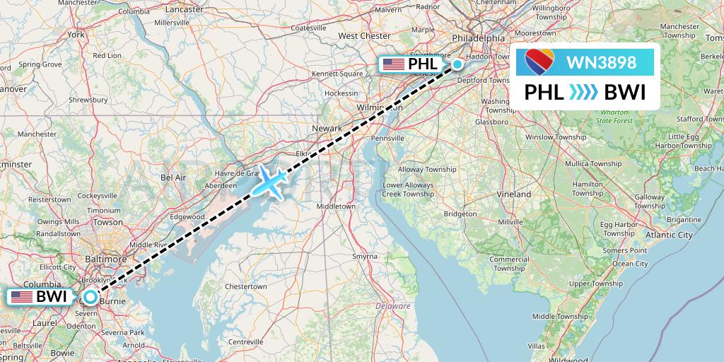 WN3898 Southwest Airlines Flight Map: Philadelphia to Baltimore