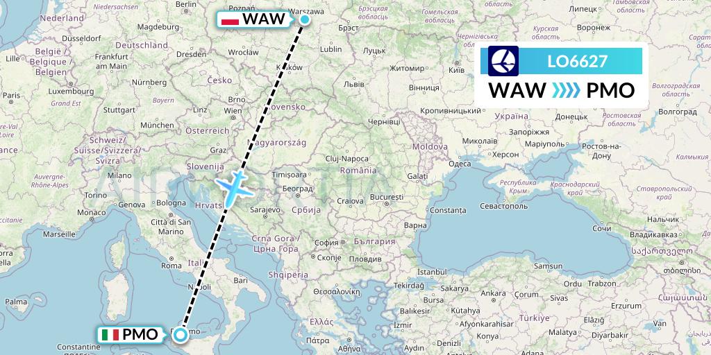 LO6627 LOT Flight Map: Warsaw to Palermo