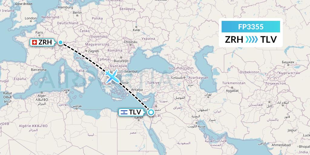 FP3355 FlyPelican Flight Map: Zurich to Tel Aviv