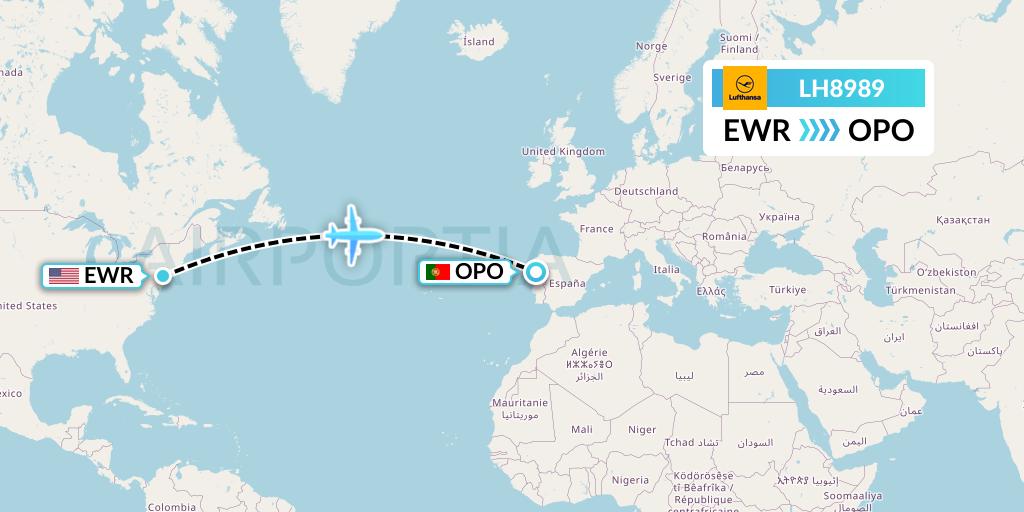 LH8989 Lufthansa Flight Map: New York to Porto