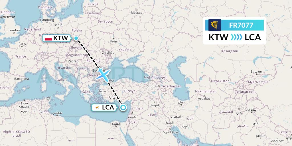 FR7077 Ryanair Flight Map: Katowice to Larnaca