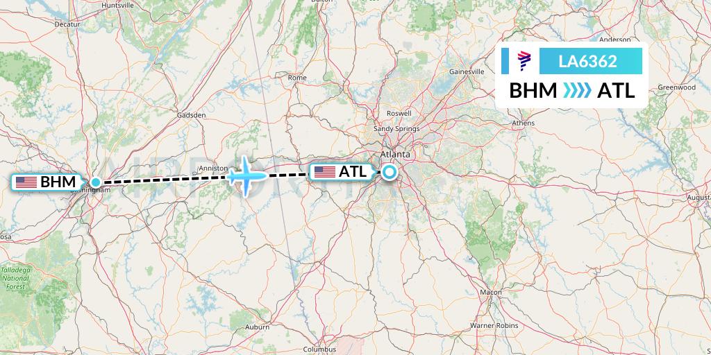 LA6362 LAN Airlines Flight Map: Birmingham to Atlanta