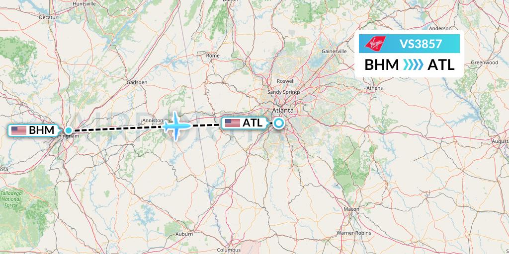 VS3857 Virgin Atlantic Airways Flight Map: Birmingham to Atlanta