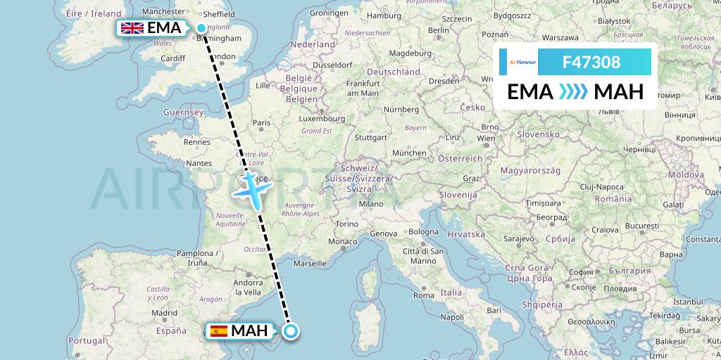 F47308 Air Flamenco Flight Map: East Midlands to Mahon
