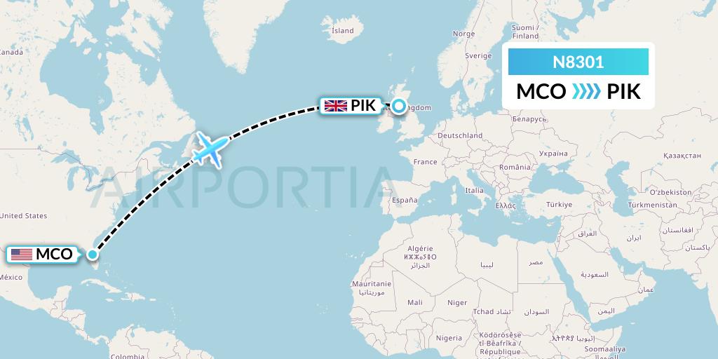 N8301 National Airlines Flight Map: Orlando to Prestwick