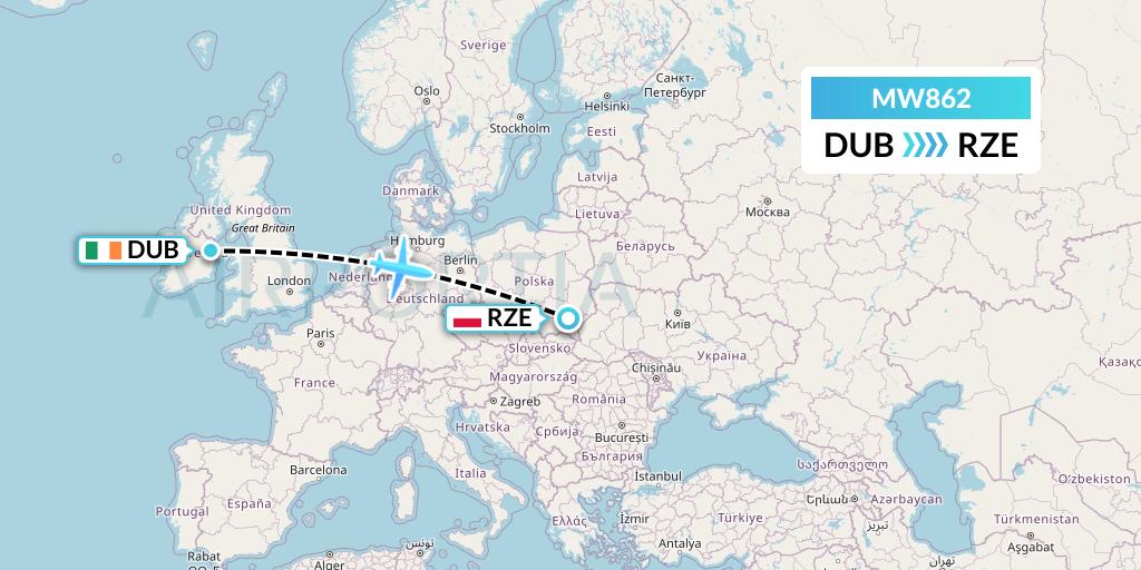 MW862 Mokulele Flight Service Flight Map: Dublin to Rzeszow