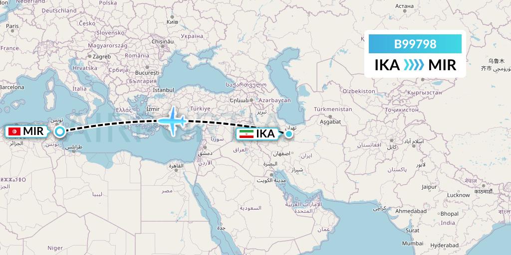 B99798 Iran Air Tours Flight Map: Tehran to Monastir