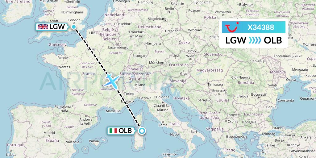 X34388 TUI fly Germany Flight Map: London to Olbia