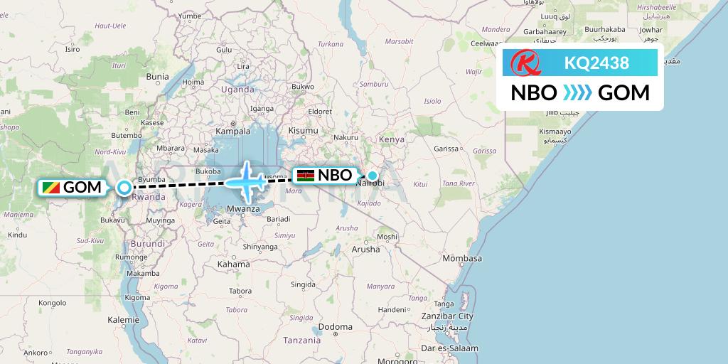 KQ2438 Kenya Airways Flight Map: Nairobi to Goma