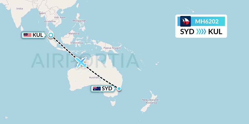 MH6202 Malaysia Airlines Flight Map: Sydney to Kuala Lumpur