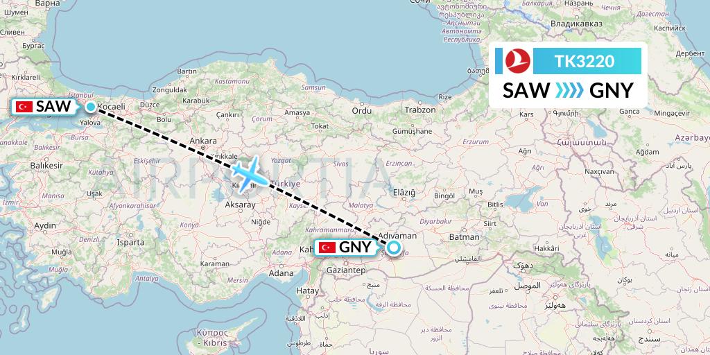 TK3220 Turkish Airlines Flight Map: Istanbul to Sanliurfa