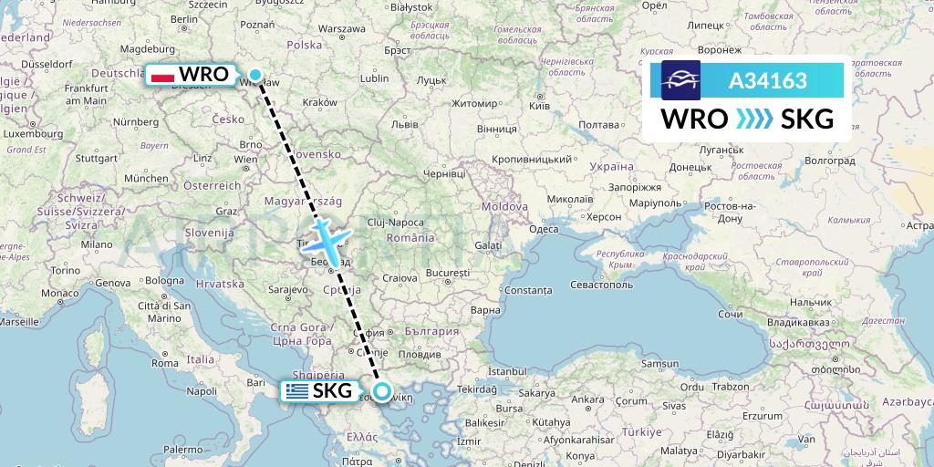 A34163 Aegean Airlines Flight Map: Wroclaw to Thessaloniki