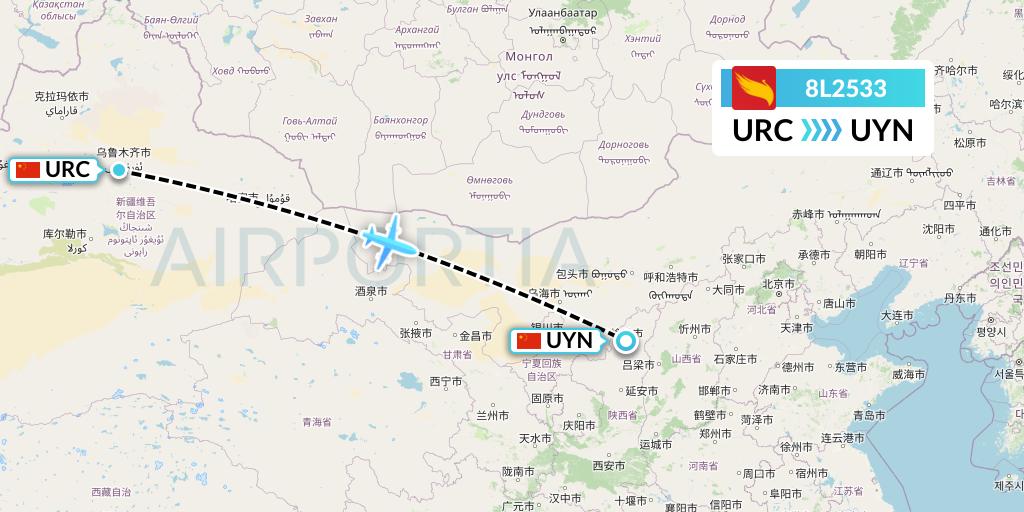 8L2533 Lucky Air Flight Map: Urumqi to Yulin