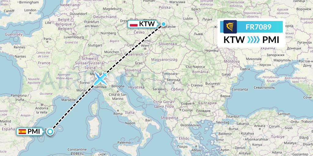 FR7089 Ryanair Flight Map: Katowice to Palma de Mallorca