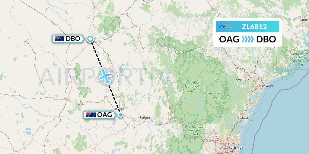 ZL6812 Regional Express Flight Map: Orange to Dubbo