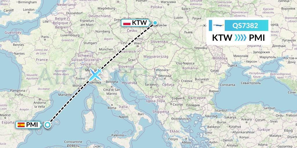 QS7382 Smartwings Flight Map: Katowice to Palma de Mallorca