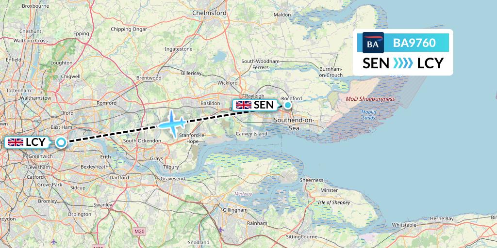 BA9760 British Airways Flight Map: Southend to London