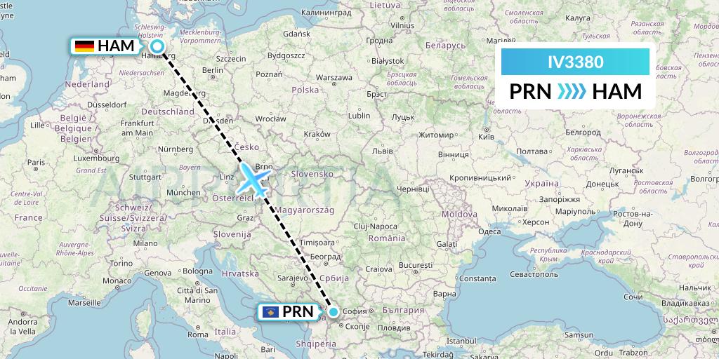 IV3380 VVB Aviation Malta Flight Map: Pristina to Hamburg