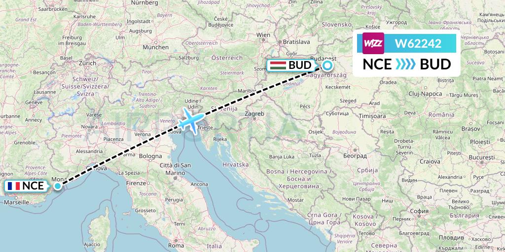 W62242 Wizz Air Flight Map: Nice to Budapest