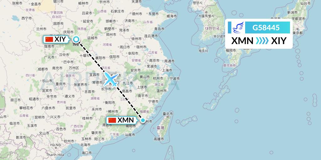 G58445 China Express Airlines Flight Map: Xiamen to Xi'an