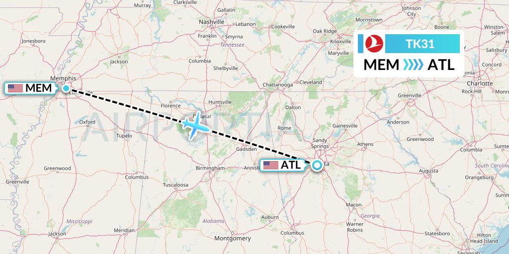 TK31 Turkish Airlines Flight Map: Memphis to Atlanta