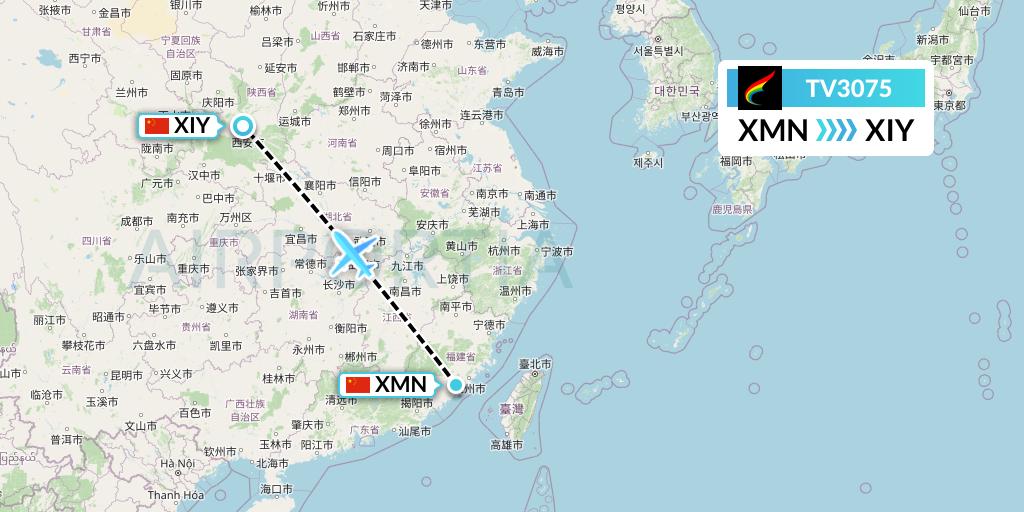 TV3075 Tibet Airlines Flight Map: Xiamen to Xi'an