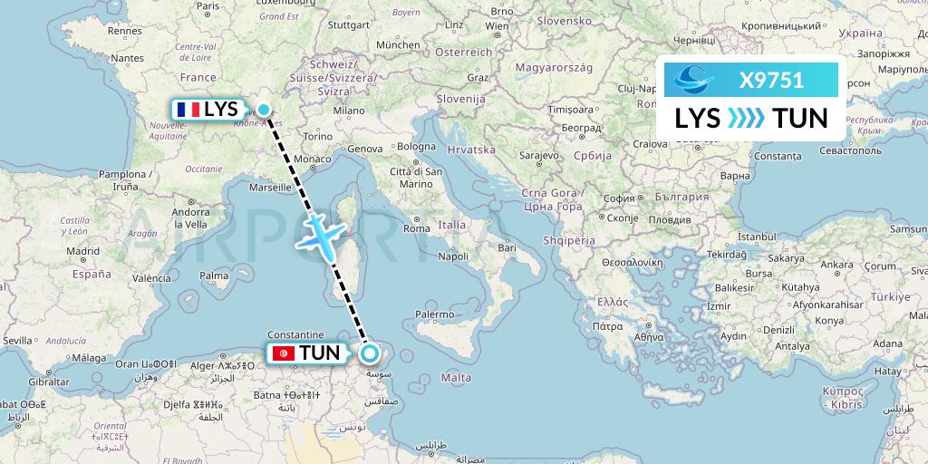 X9751 Avion Express Flight Map: Lyon to Tunis