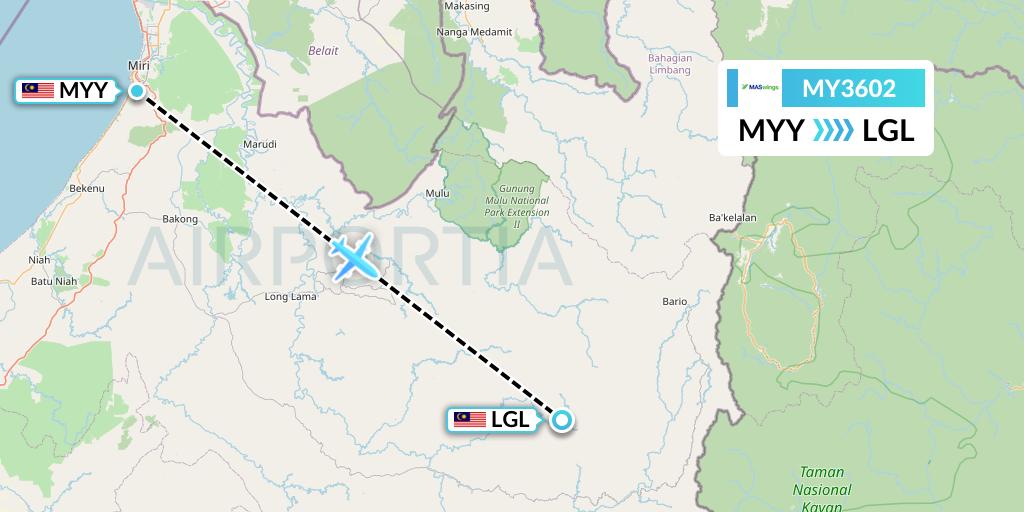 MY3602 MASwings Flight Map: Miri to Long Datih