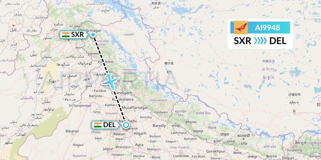 AI9948 Air India Flight Map: Srinagar to Delhi