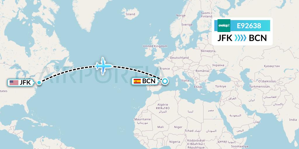 E92638 Evelop Airlines Flight Map: New York to Barcelona