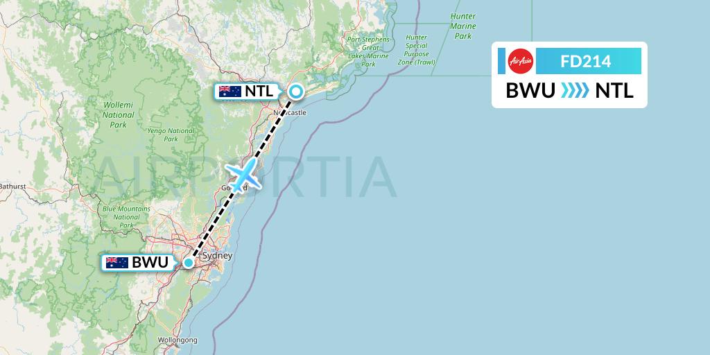 FD214 Thai AirAsia Flight Map: Bankstown to Newcastle