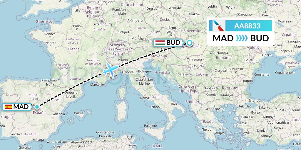 AA8833 American Airlines Flight Map: Madrid to Budapest