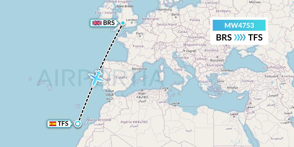 MW4753 Mokulele Flight Service Flight Map: Bristol to Tenerife