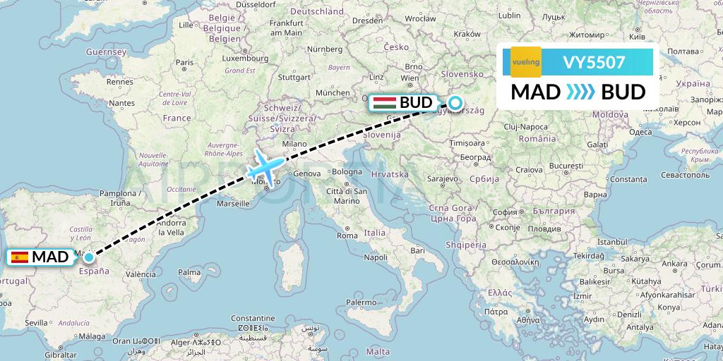 VY5507 Vueling Flight Map: Madrid to Budapest
