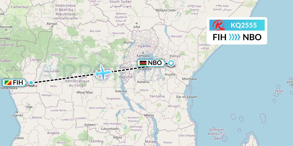 KQ2555 Kenya Airways Flight Map: Kinshasa to Nairobi