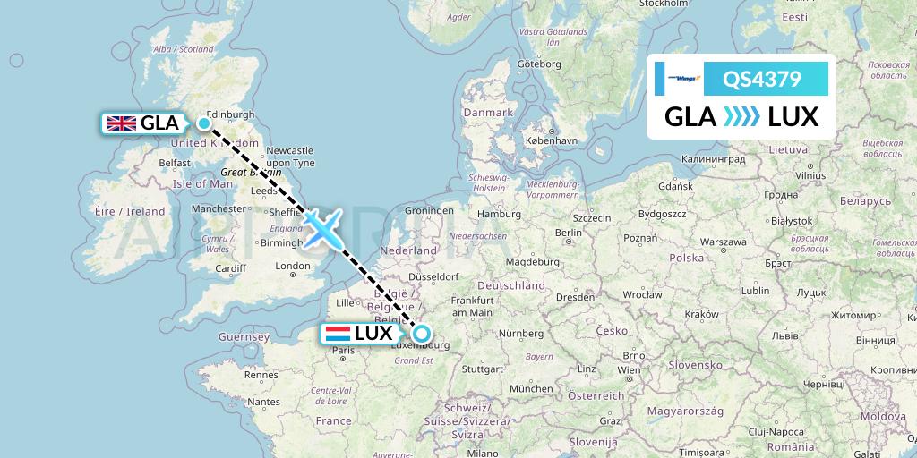QS4379 Smartwings Flight Map: Glasgow to Luxembourg