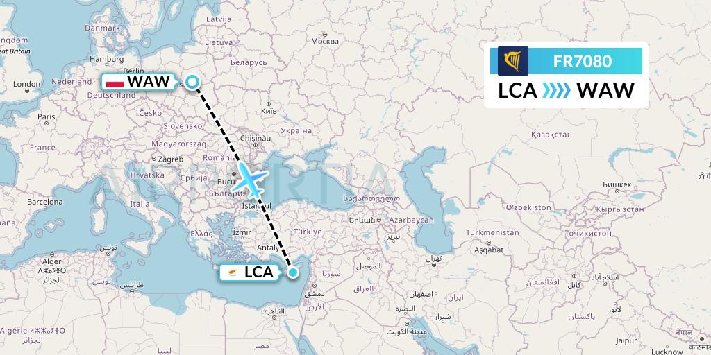 FR7080 Ryanair Flight Map: Larnaca to Warsaw