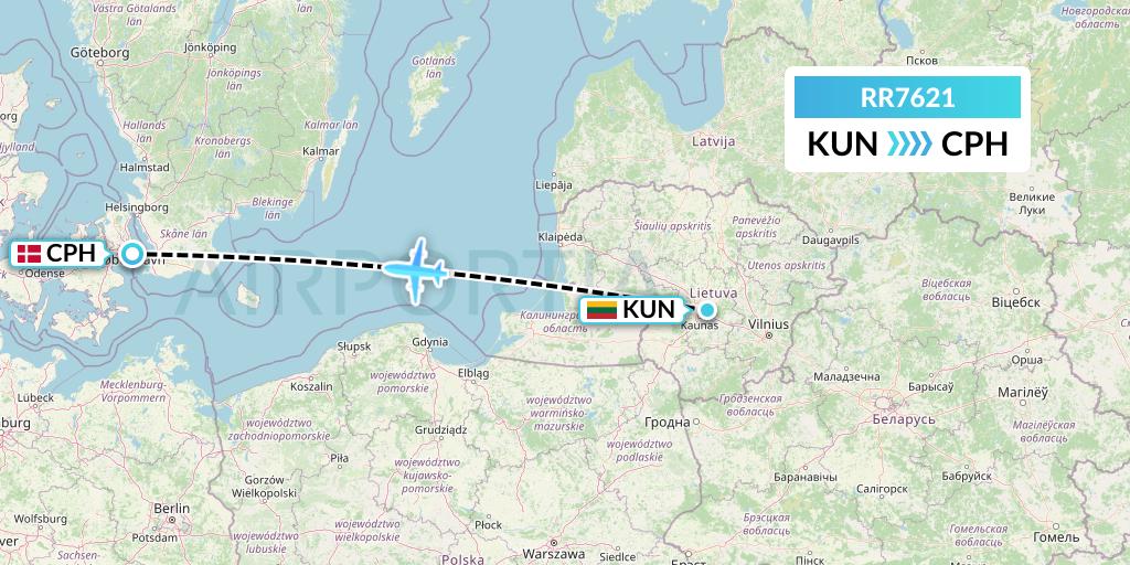 RR7621 Royal Air Force Flight Map: Kaunas to Copenhagen
