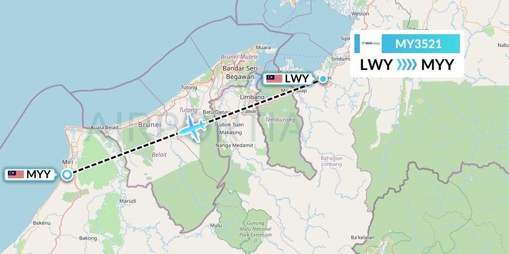 MY3521 MASwings Flight Map: Lawas to Miri
