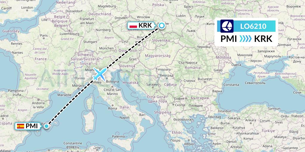 LO6210 LOT Flight Map: Palma de Mallorca to Krakow