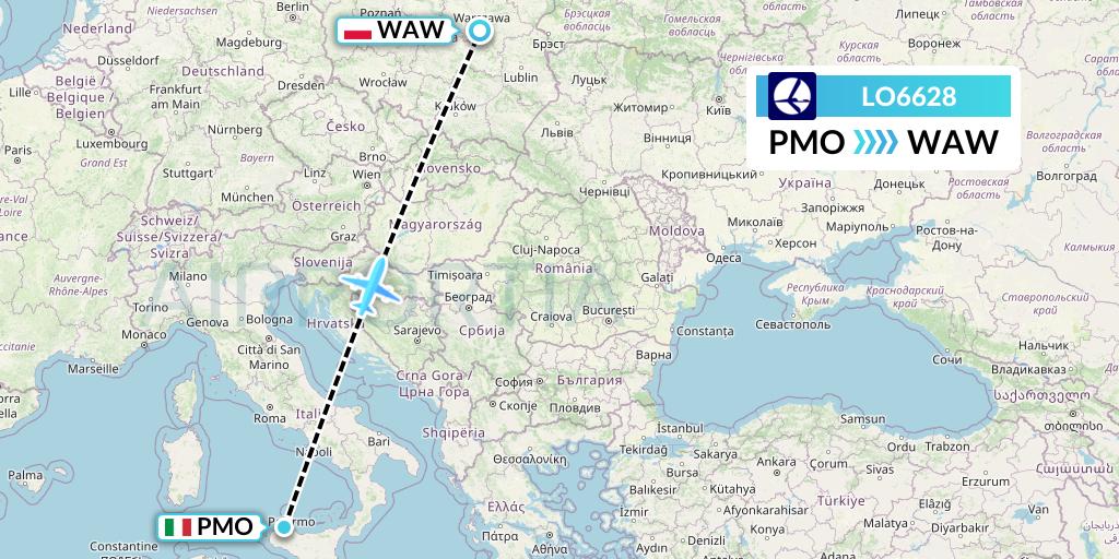 LO6628 LOT Flight Map: Palermo to Warsaw
