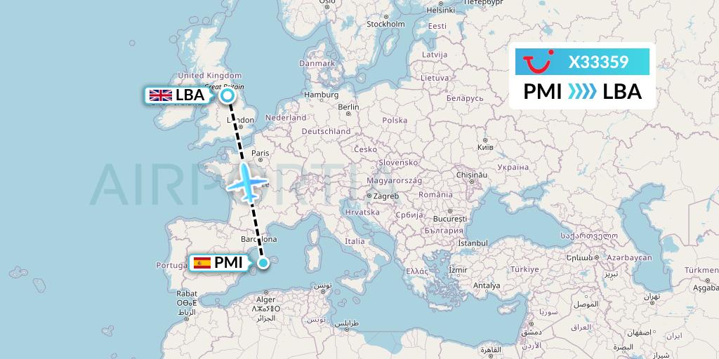 X33359 TUI fly Germany Flight Map: Palma de Mallorca to Leeds