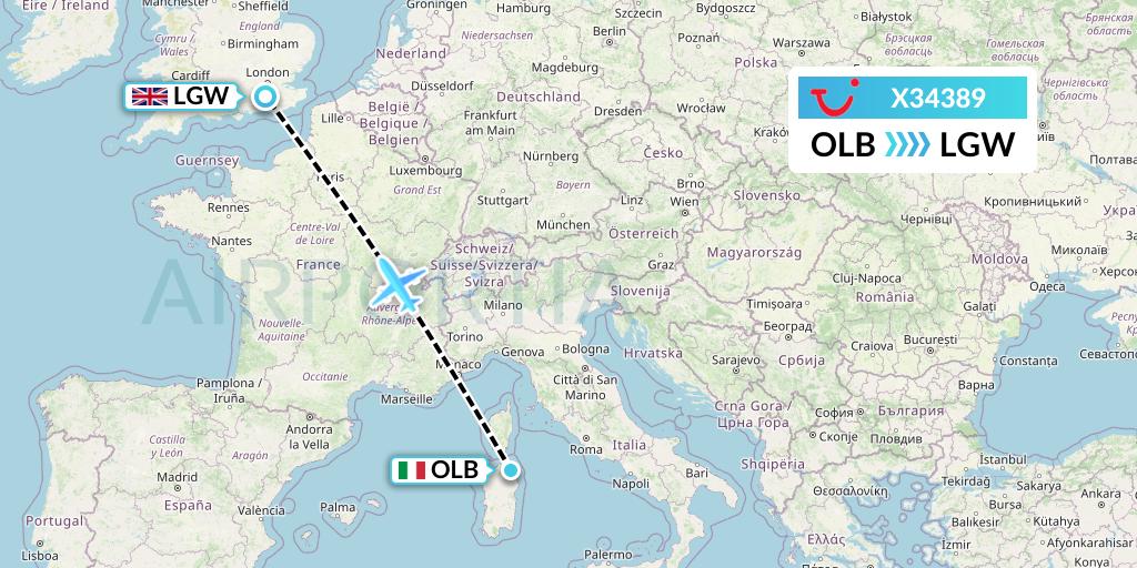 X34389 TUI fly Germany Flight Map: Olbia to London