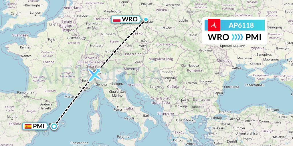 AP6118 AlbaStar Flight Map: Wroclaw to Palma de Mallorca