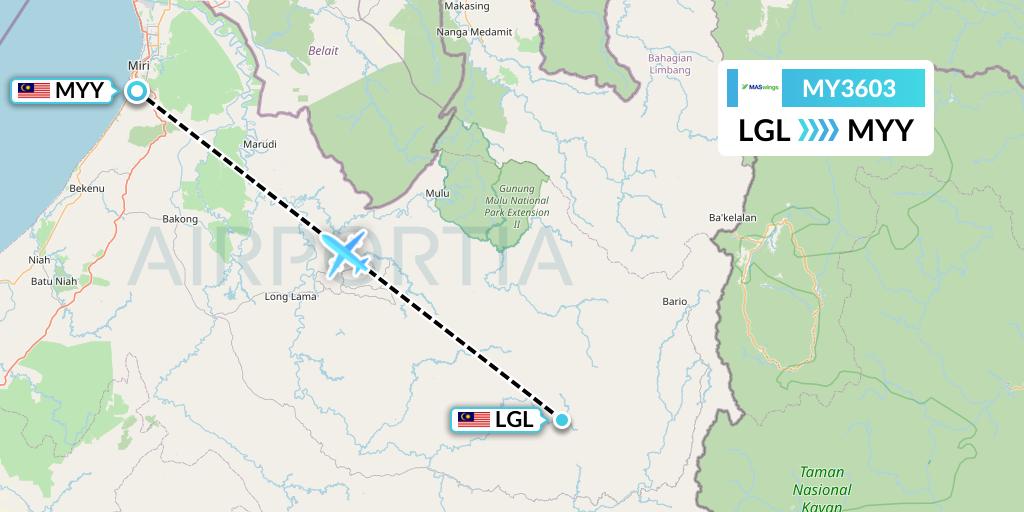 MY3603 MASwings Flight Map: Long Datih to Miri