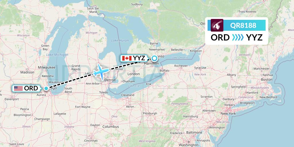 QR8188 Qatar Airways Flight Map: Chicago to Toronto